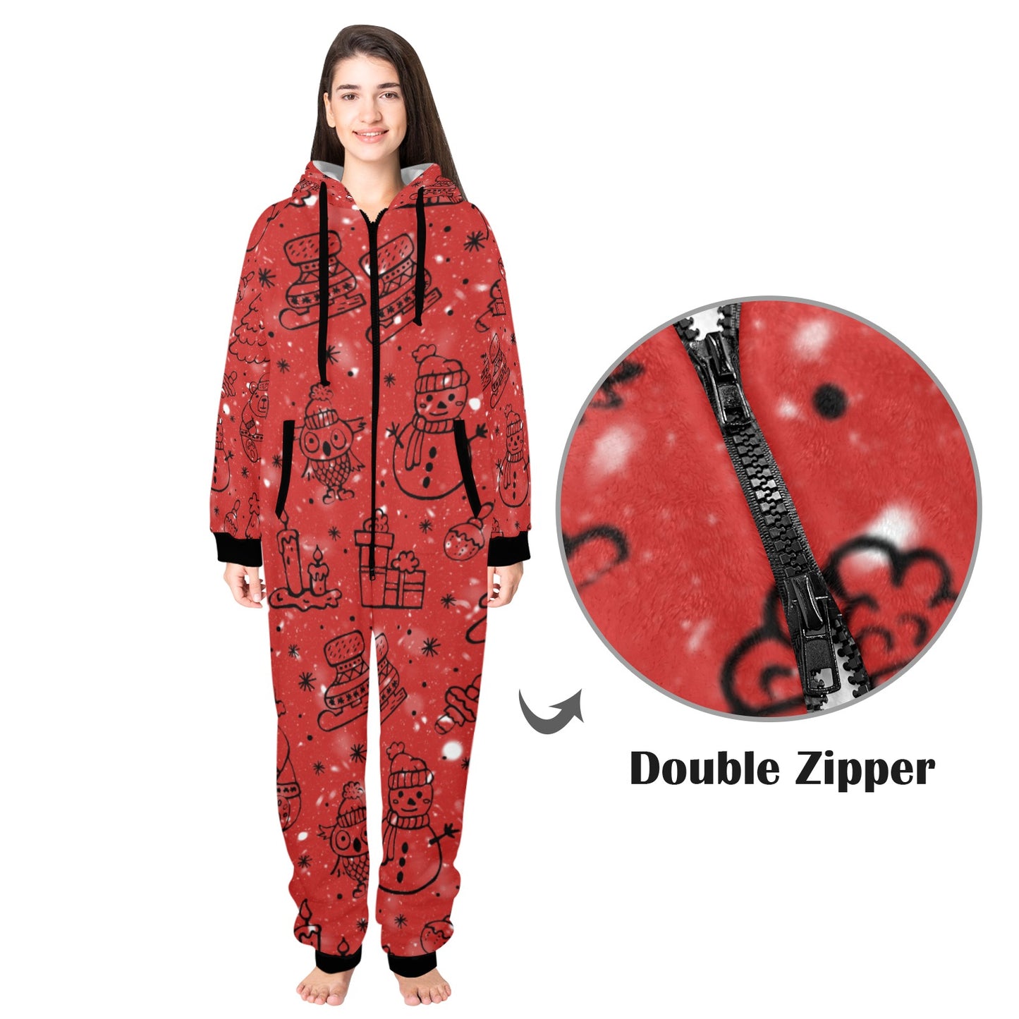 Red Christmas Unisex One-Piece Zip Up Hooded Pajamas