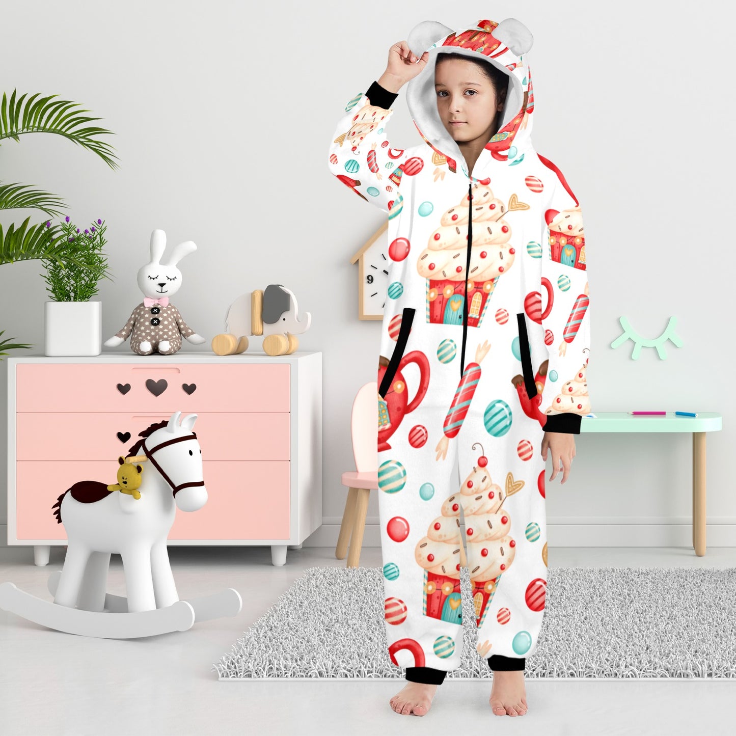 Sweets And Treats Christmas One-Piece Zip Up Hooded Pajamas for Big Kids