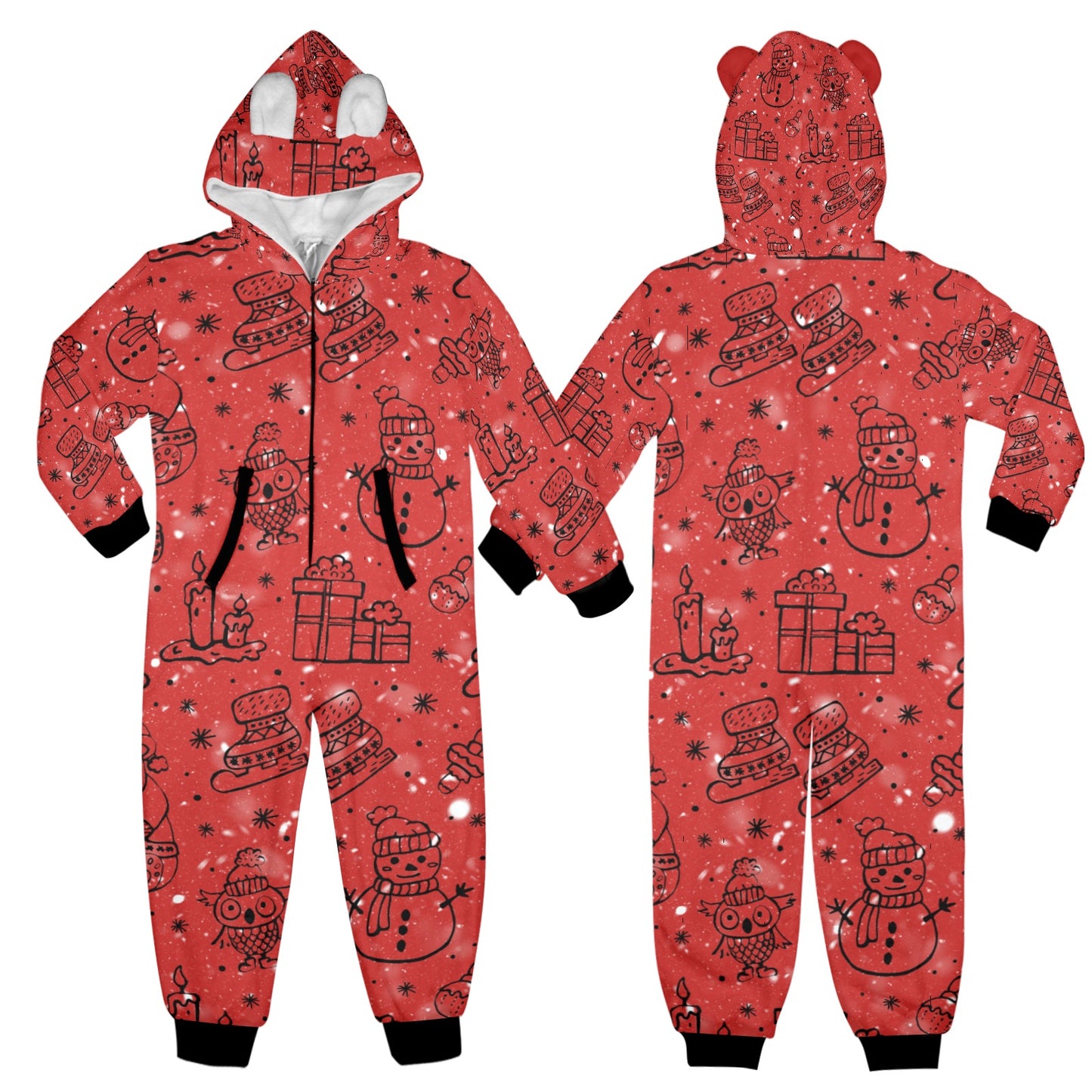 Red Christmas One-Piece Zip Up Hooded Pajamas for Big Kids