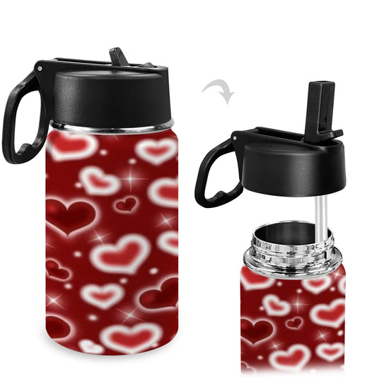 Red Valentines Day Kids Water Bottle with Straw Lid (12 oz)