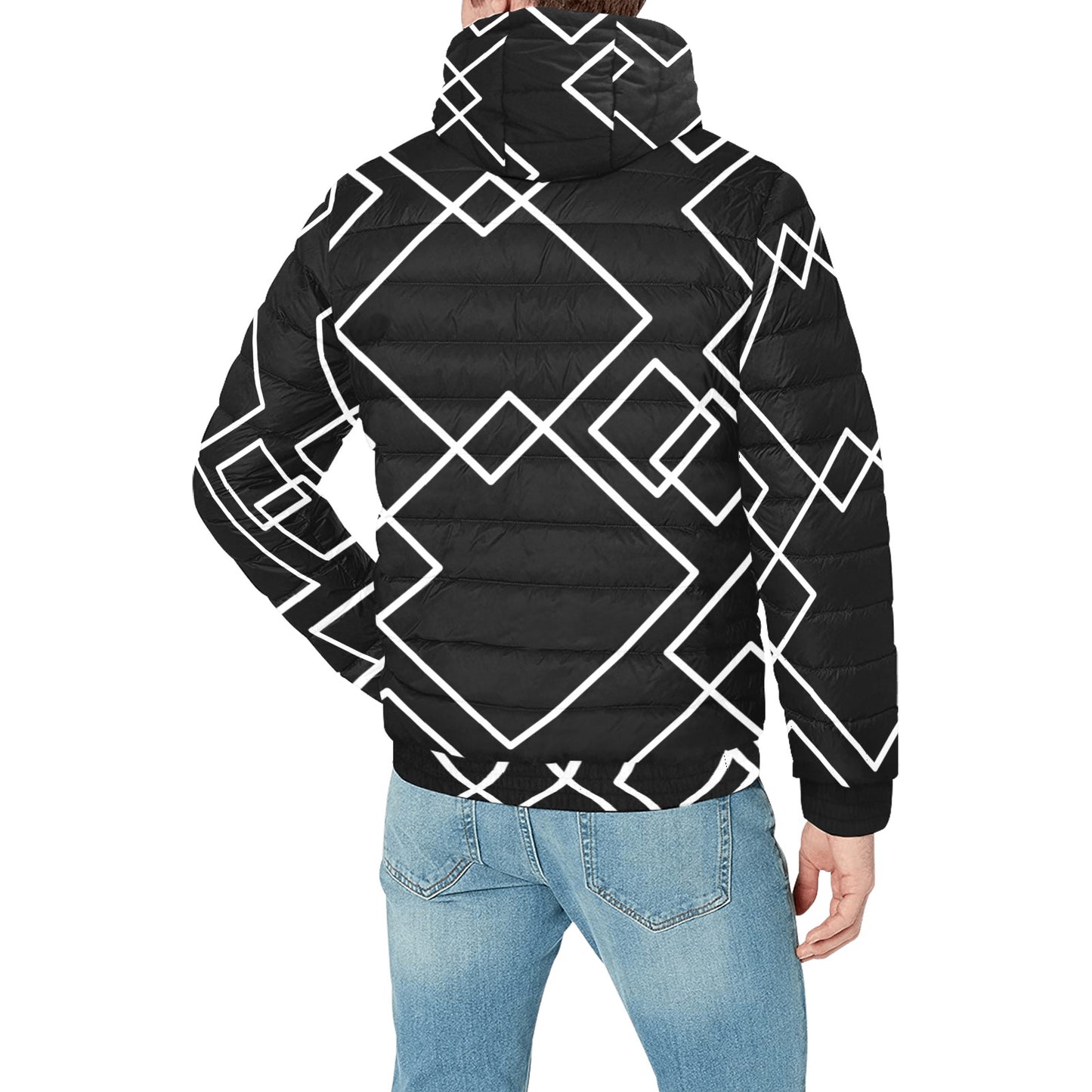 Black Squared Men's Padded Hooded Jacket