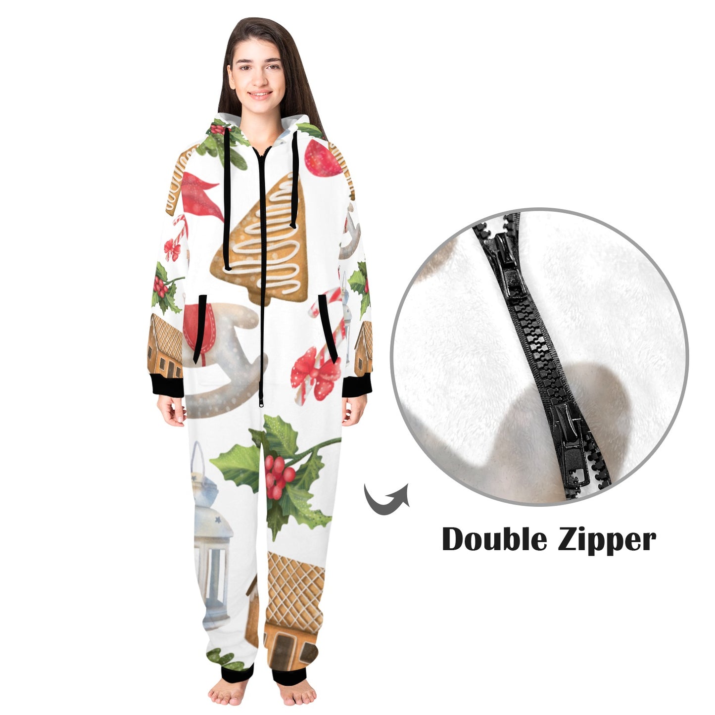 Christmas Festive Unisex One-Piece Zip Up Hooded Pajamas