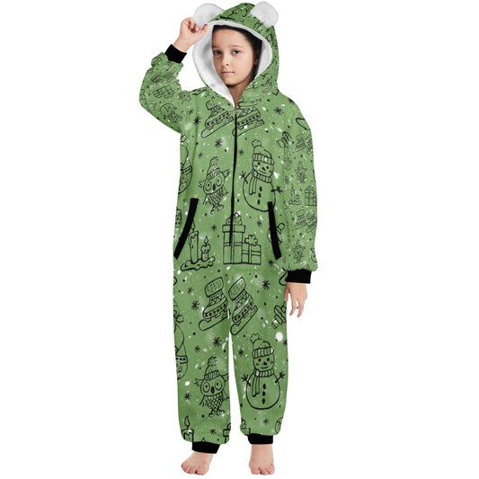 Green Christmas One-Piece Zip Up Hooded Pajamas for Big Kids