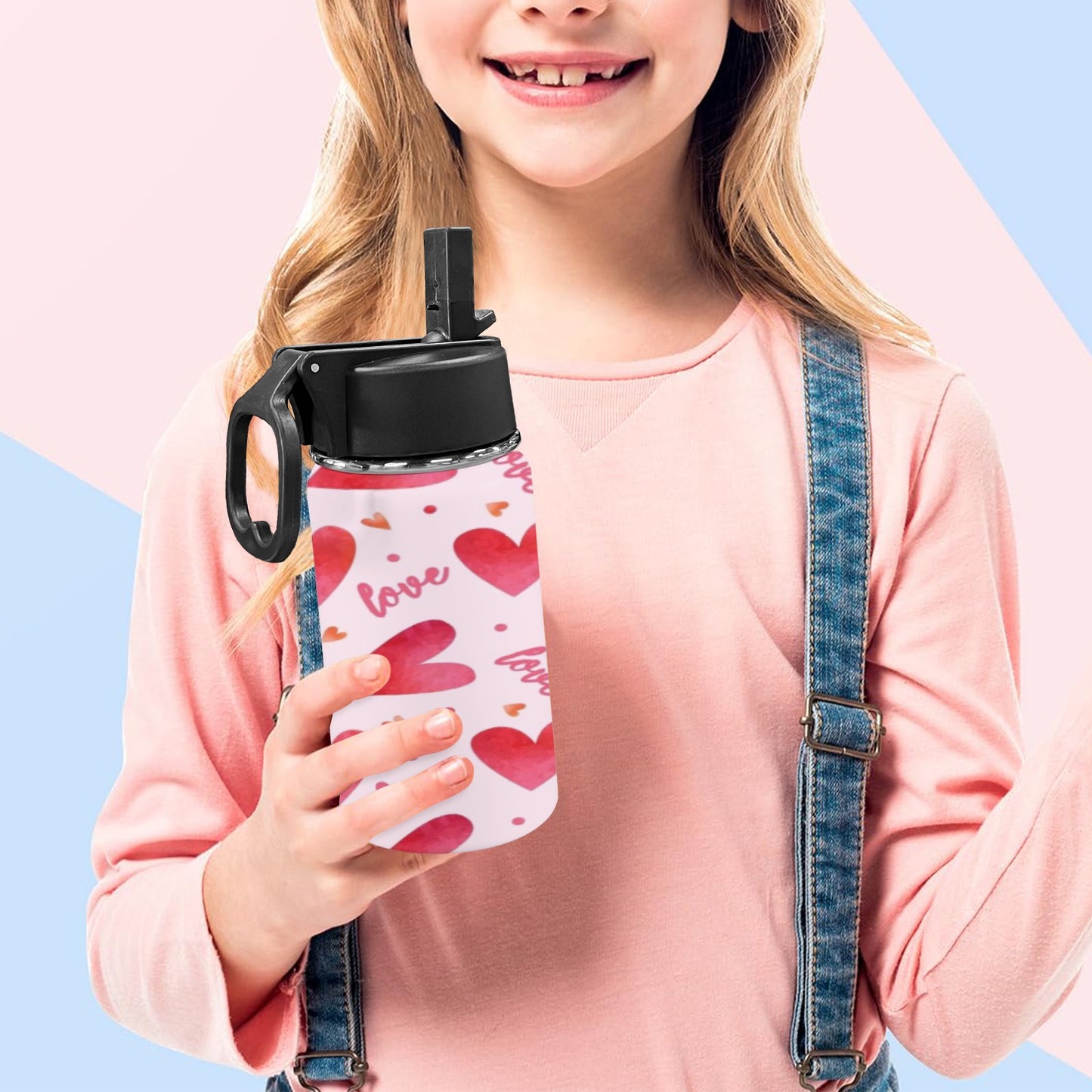 Love Valentines Kids Water Bottle with Straw Lid (12 oz)