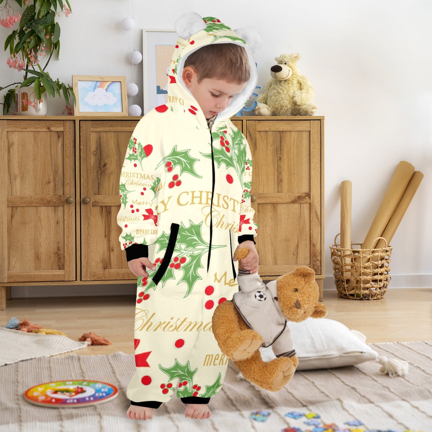 Merry Christmas One-Piece Zip up Hooded Pajamas for Little Kids