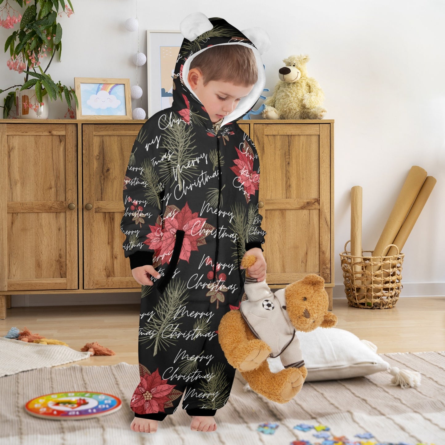 Merry Christmas One-Piece Zip up Hooded Pajamas for Little Kids