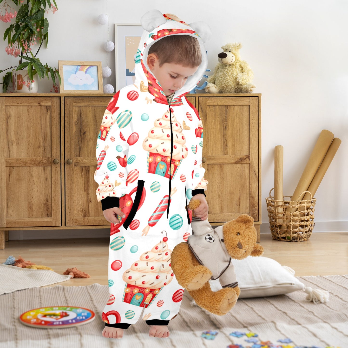 Sweets And Treats Christmas One-Piece Zip up Hooded Pajamas for Little Kids