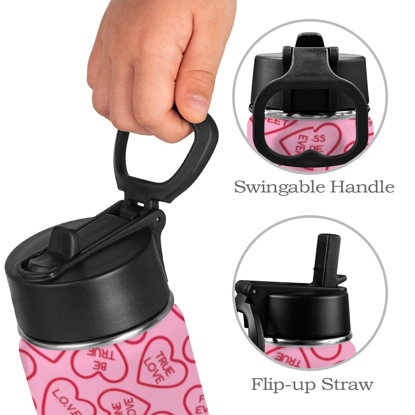 Pink Love Language Kids Water Bottle with Straw Lid (12 oz)