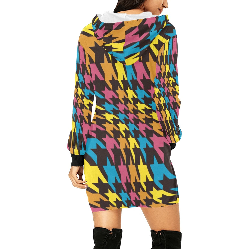 Colorful Houndstooth Hoodie Mini Dress