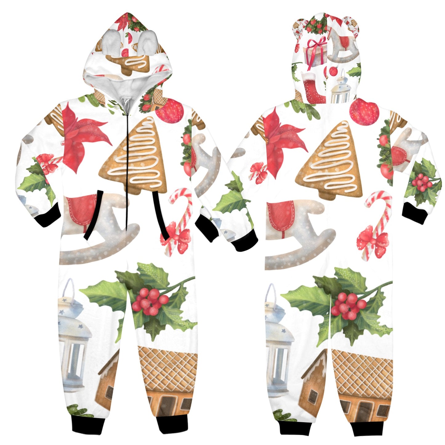 Christmas Festive One-Piece Zip Up Hooded Pajamas for Big Kids