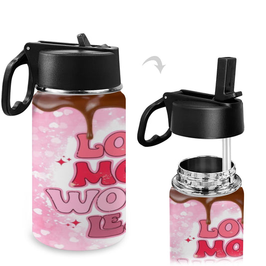 Love More Worry Less Valentines Kids Water Bottle with Straw Lid (12 oz)