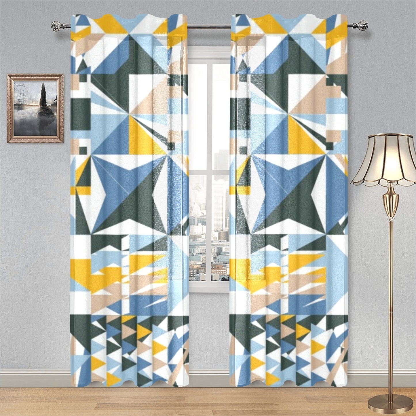 Blue Abstract Gauze Curtain 28"x84" (Two-Piece)