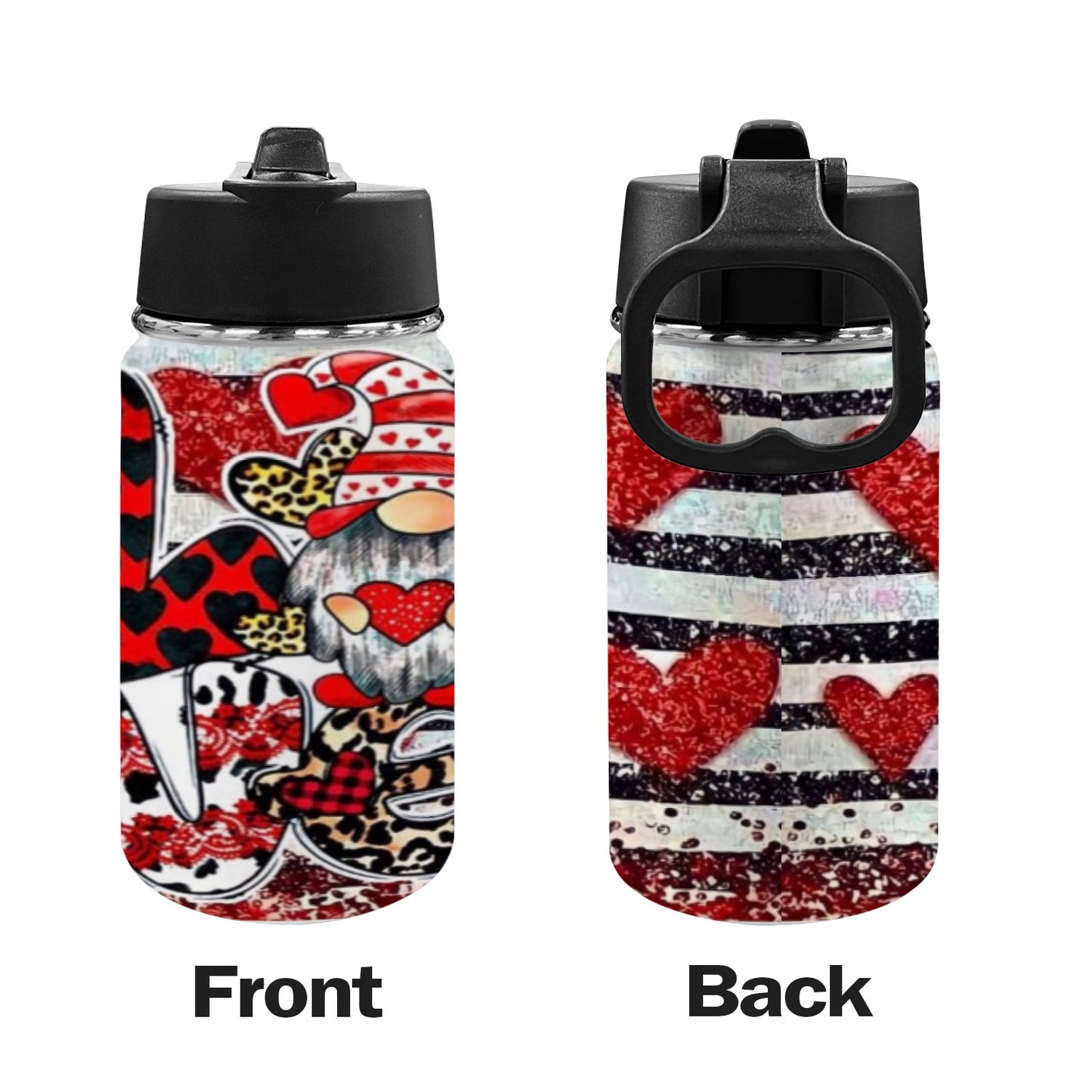 Love Gnome Valentines Kids Water Bottle with Straw Lid (12 oz)