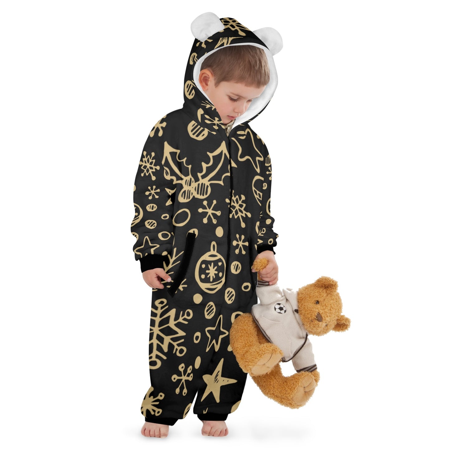 Gold Ornament Christmas One-Piece Zip up Hooded Pajamas for Little Kids