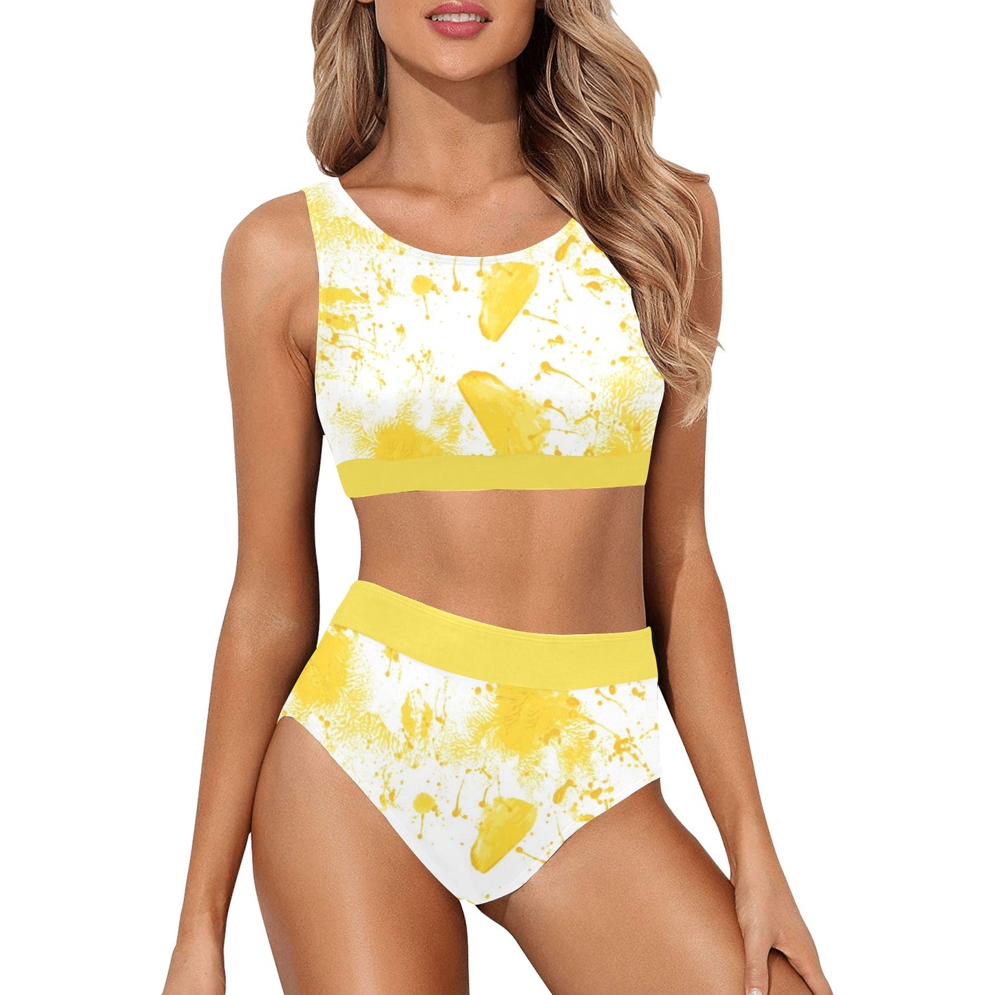 Yellow Splatter Crop Top Bikini Set