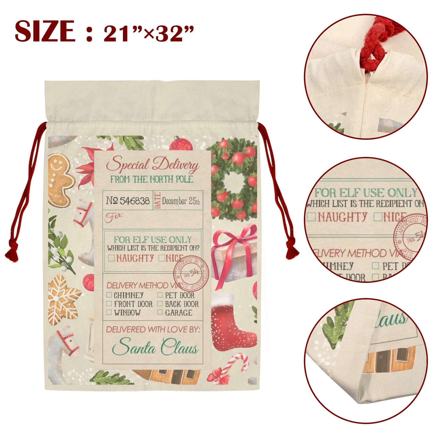 CHRISTMAS - Santa Sack Santa Claus Drawstring Bag 21"x32"