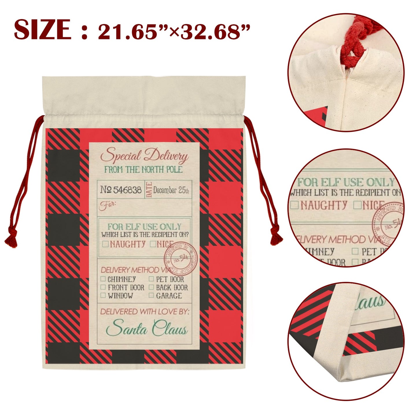 CHRISTMAS - Santa Sack Santa Claus Drawstring Bag 21"x32"