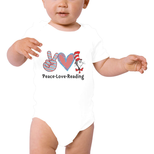 Peace, love + reading Baby Onesie