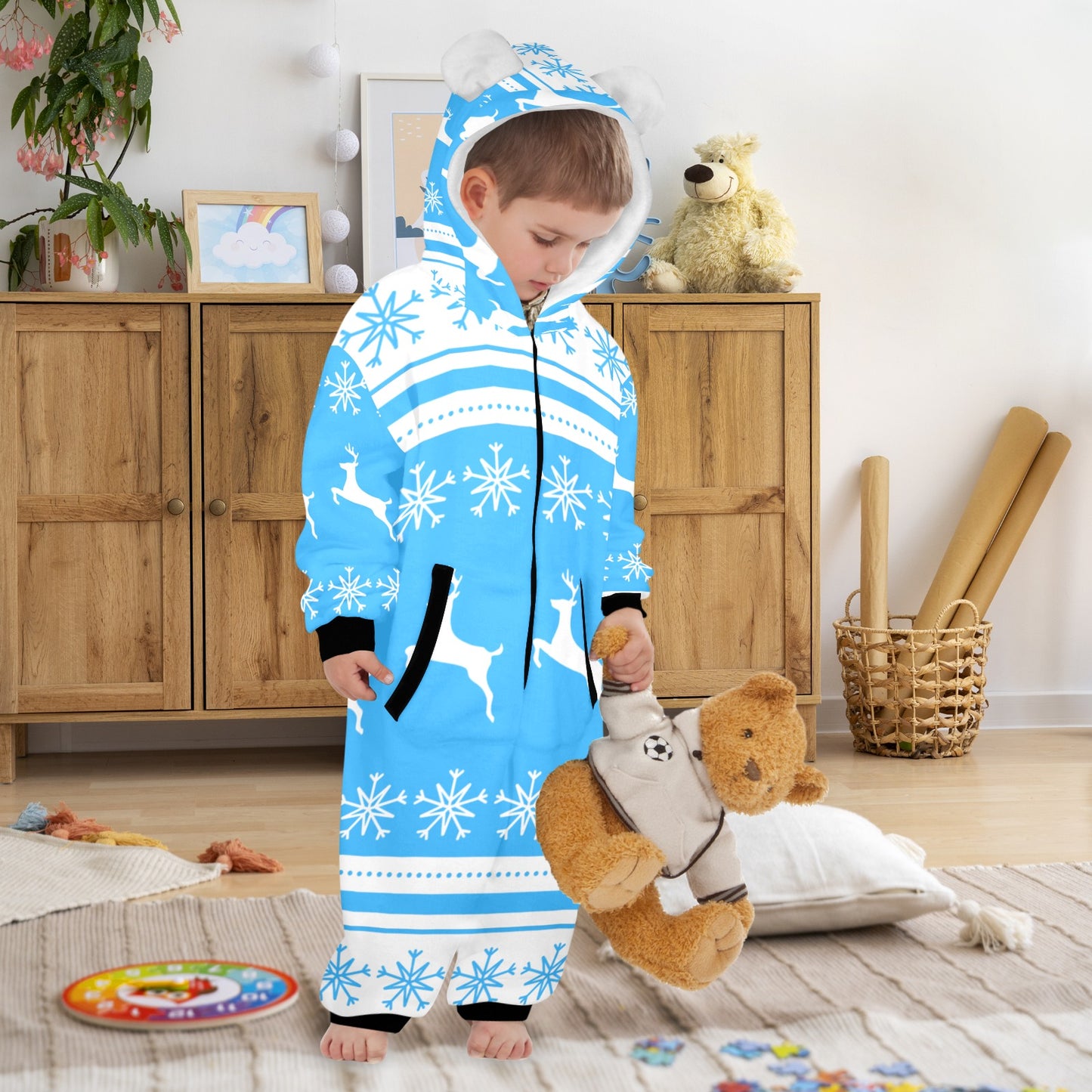 Deers In The Snow Christmas One-Piece Zip up Hooded Pajamas for Little Kids