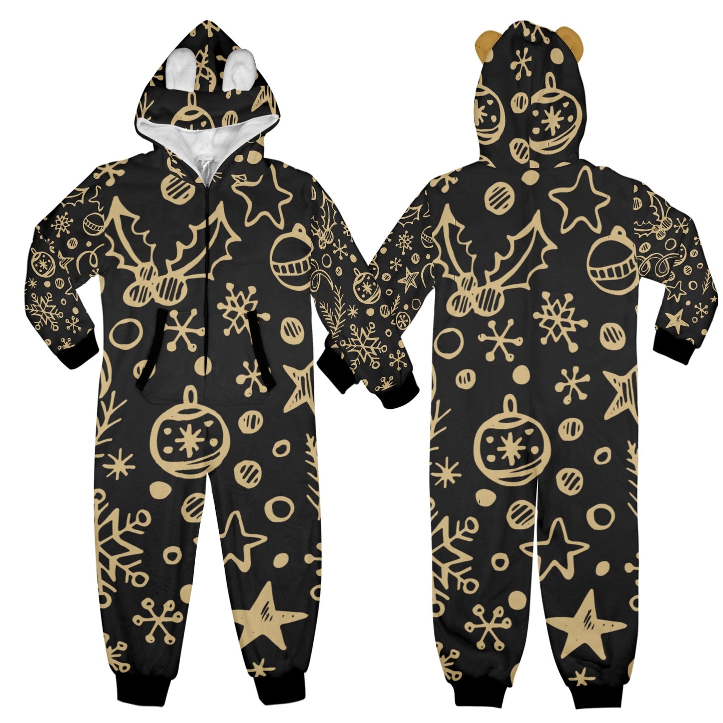 Gold Ornament Christmas One-Piece Zip Up Hooded Pajamas for Big Kids