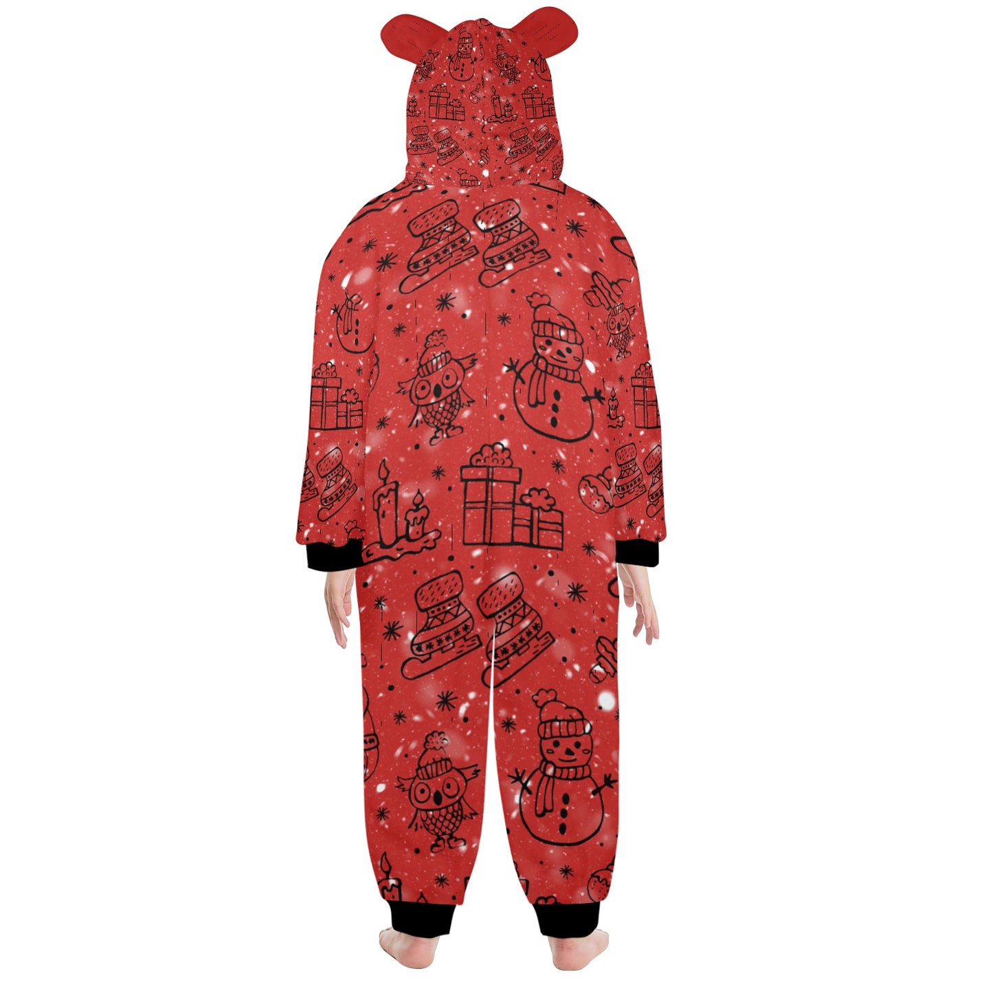 Red Christmas One-Piece Zip Up Hooded Pajamas for Big Kids