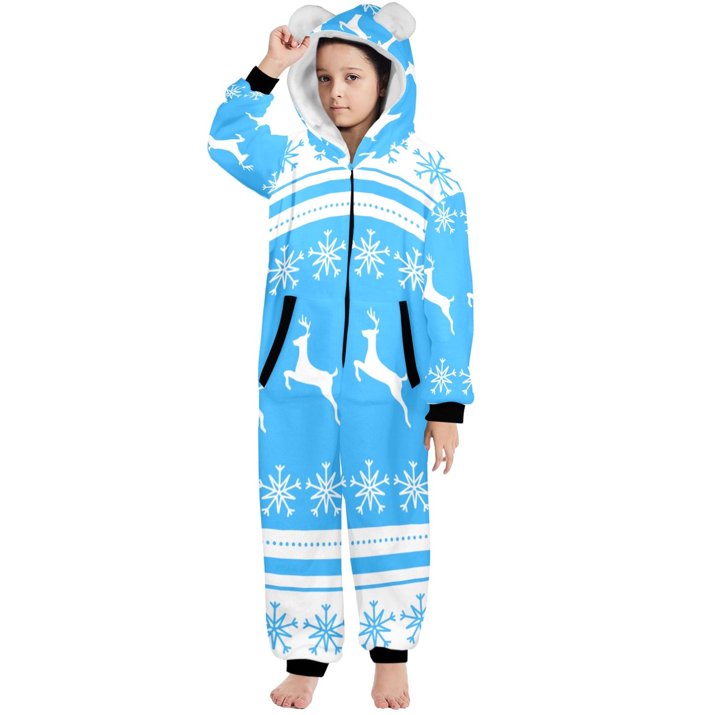 Deers In The Snow Christmas One-Piece Zip Up Hooded Pajamas for Big Kids