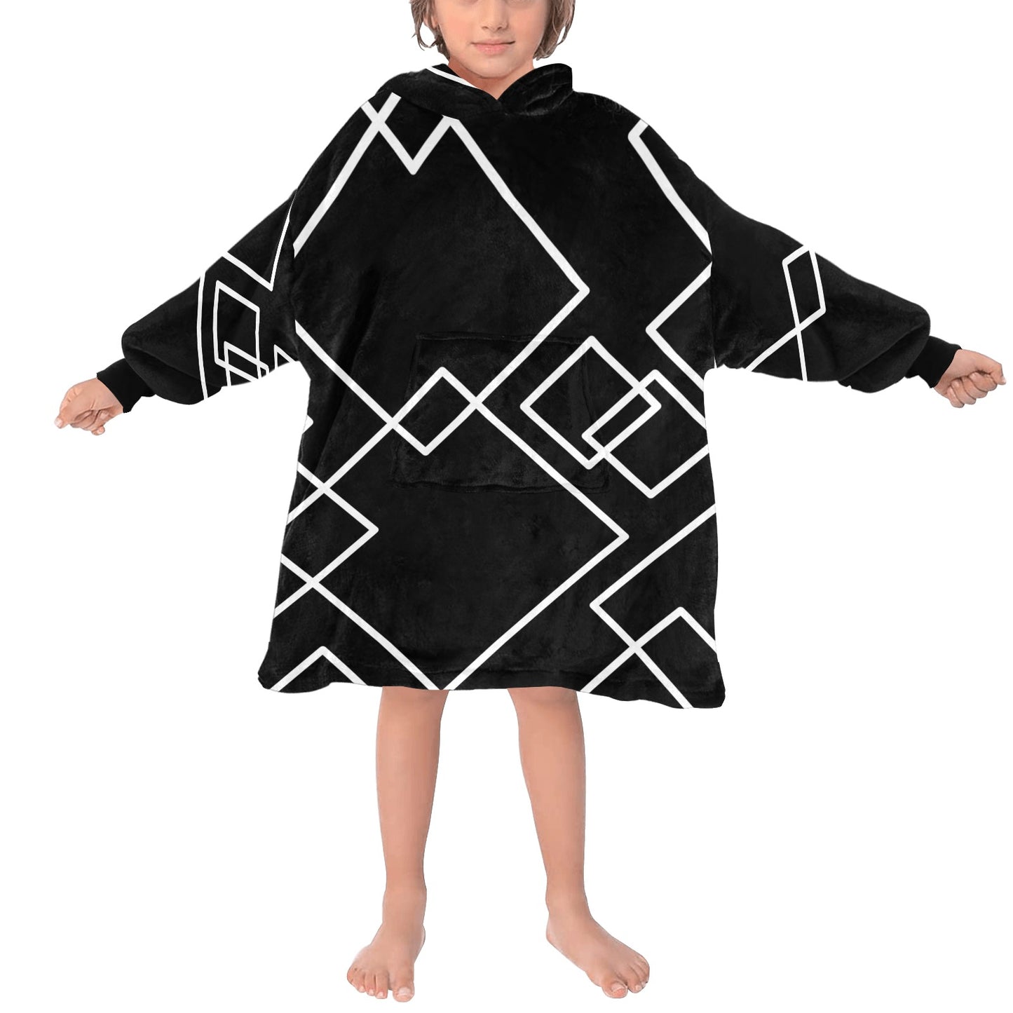 Black Squared Blanket Hoodie for Kids