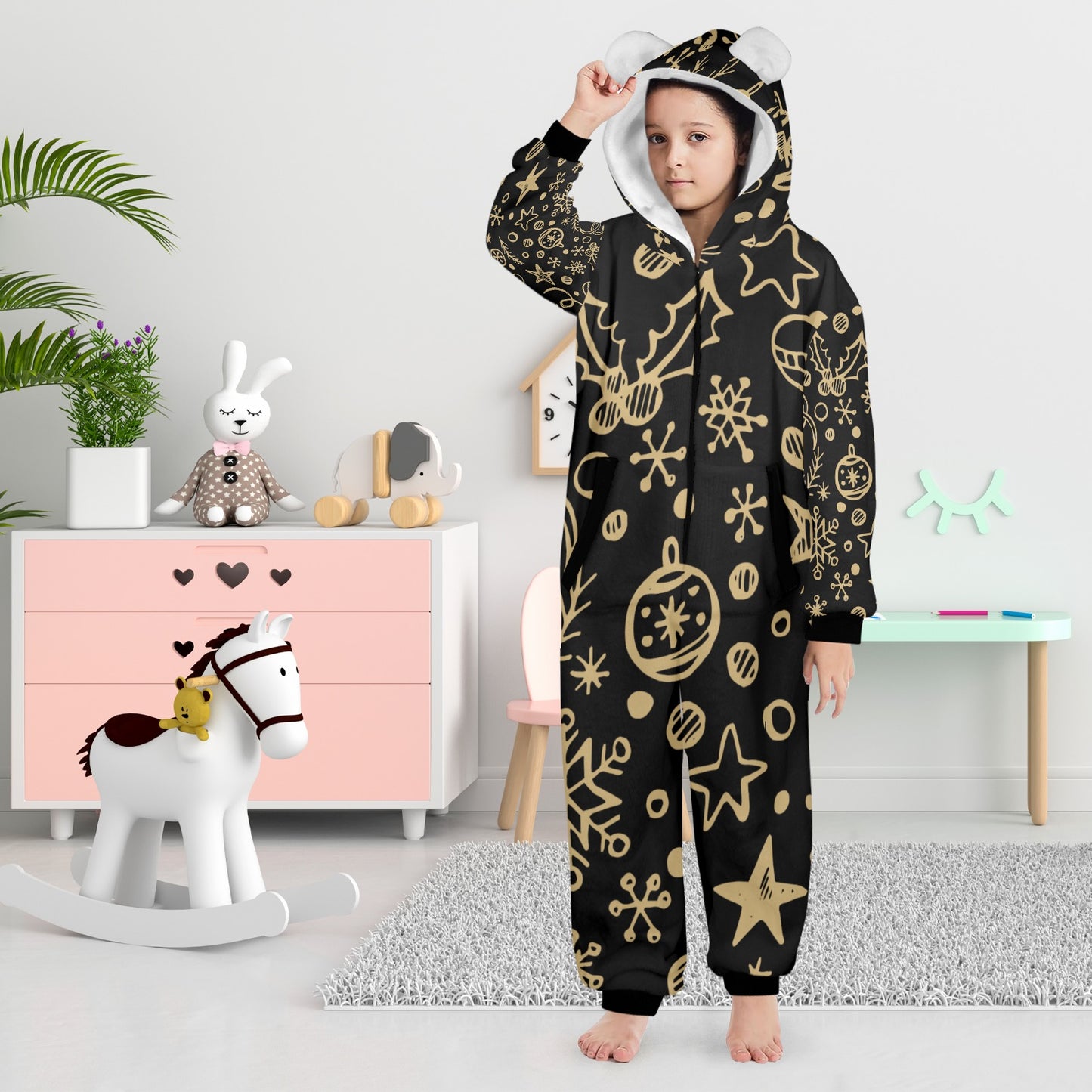 Gold Ornament Christmas One-Piece Zip Up Hooded Pajamas for Big Kids