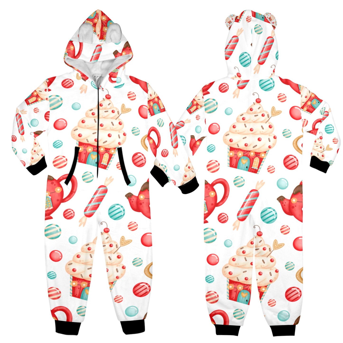 Sweets And Treats Christmas One-Piece Zip Up Hooded Pajamas for Big Kids