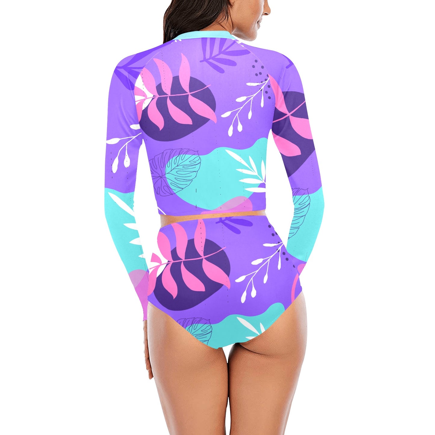 Purple Palms Long Sleeve Bikini Set