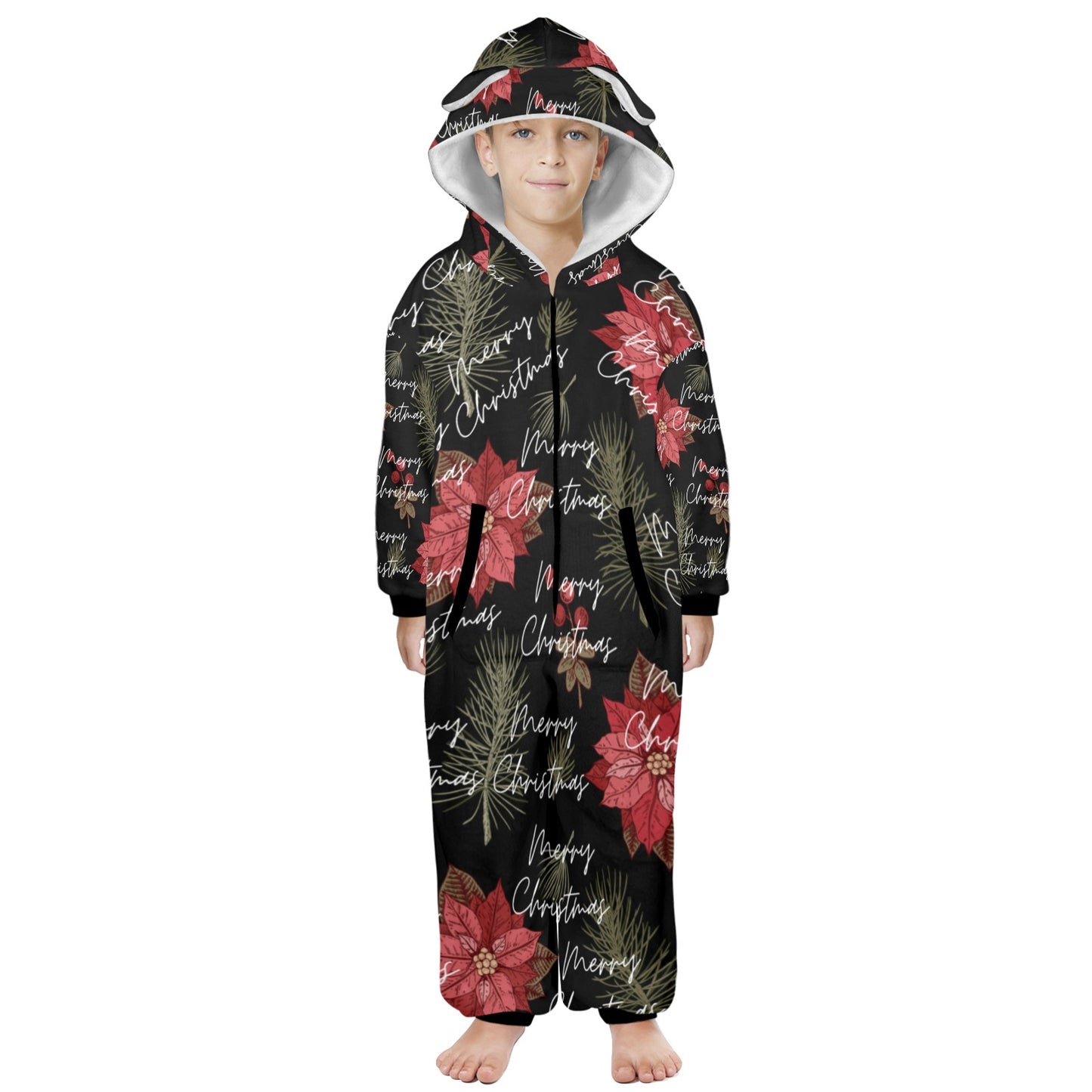 Merry Christmas One-Piece Zip Up Hooded Pajamas for Big Kids