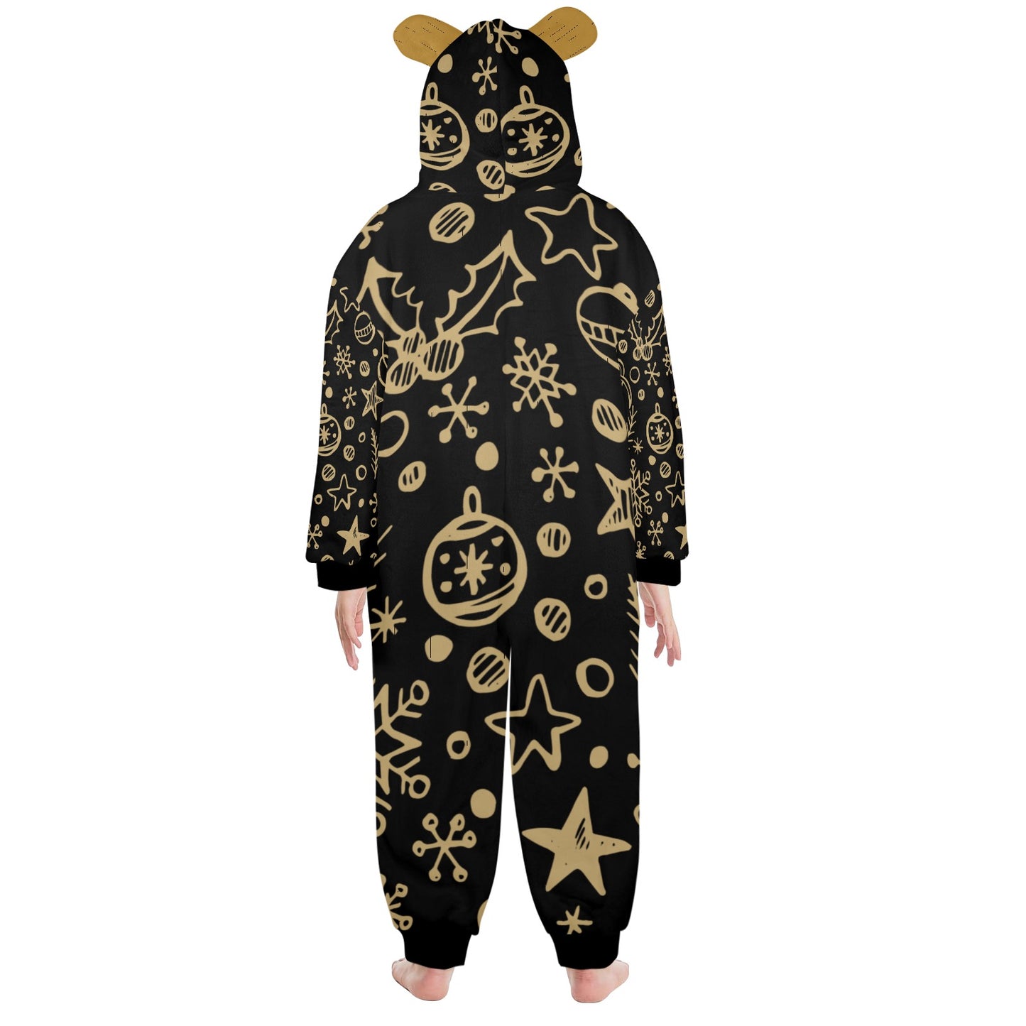 Gold Ornament Christmas One-Piece Zip Up Hooded Pajamas for Big Kids