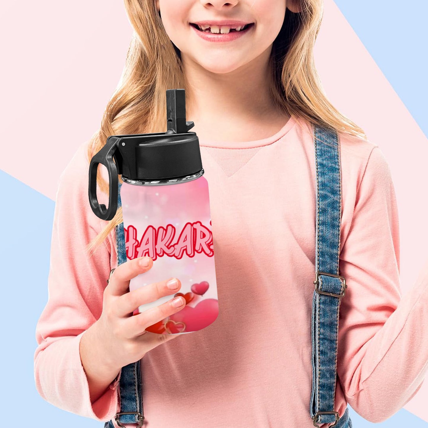 PERSONALIZED Valentines Day Kids Water Bottle with Straw Lid (12 oz)