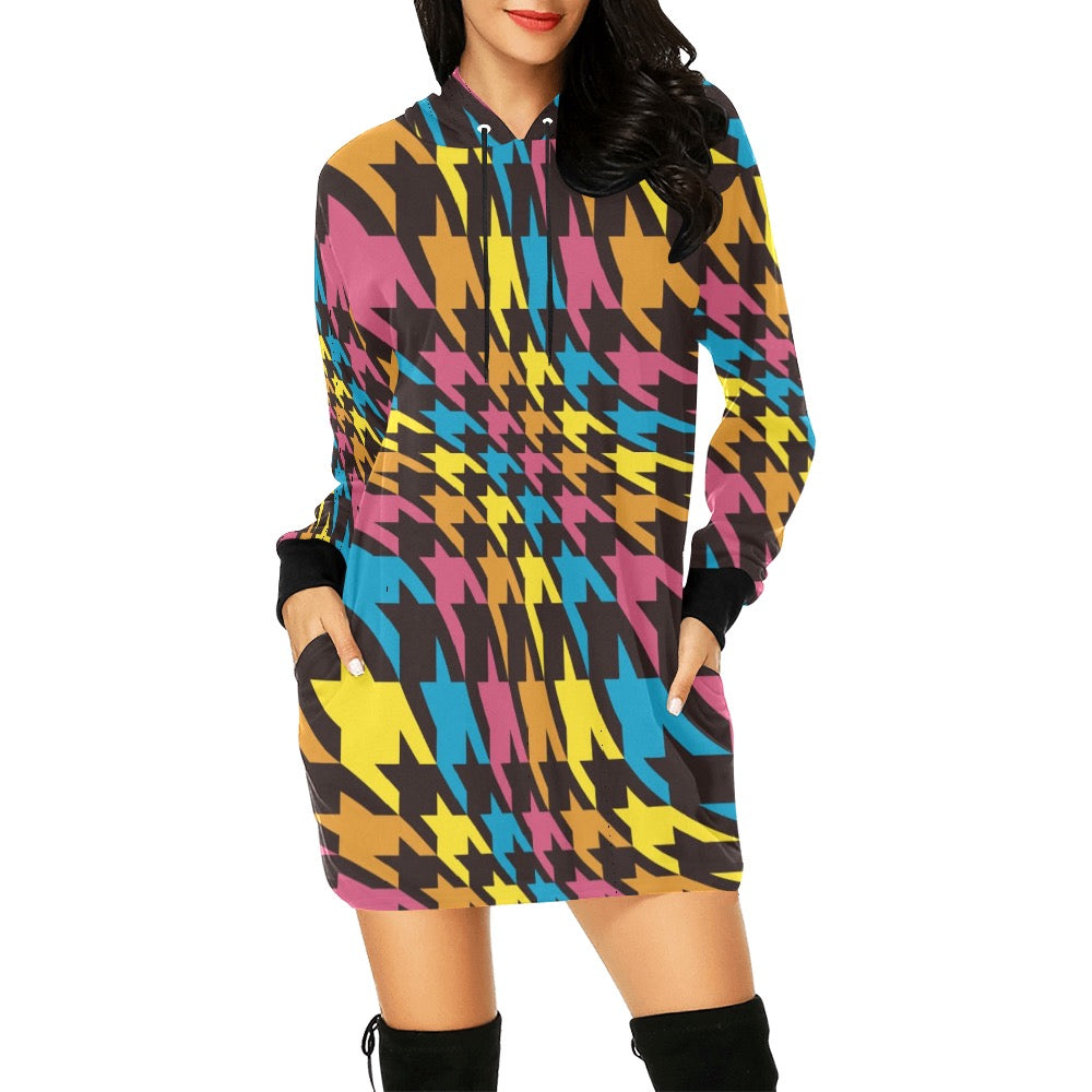 Colorful Houndstooth Hoodie Mini Dress