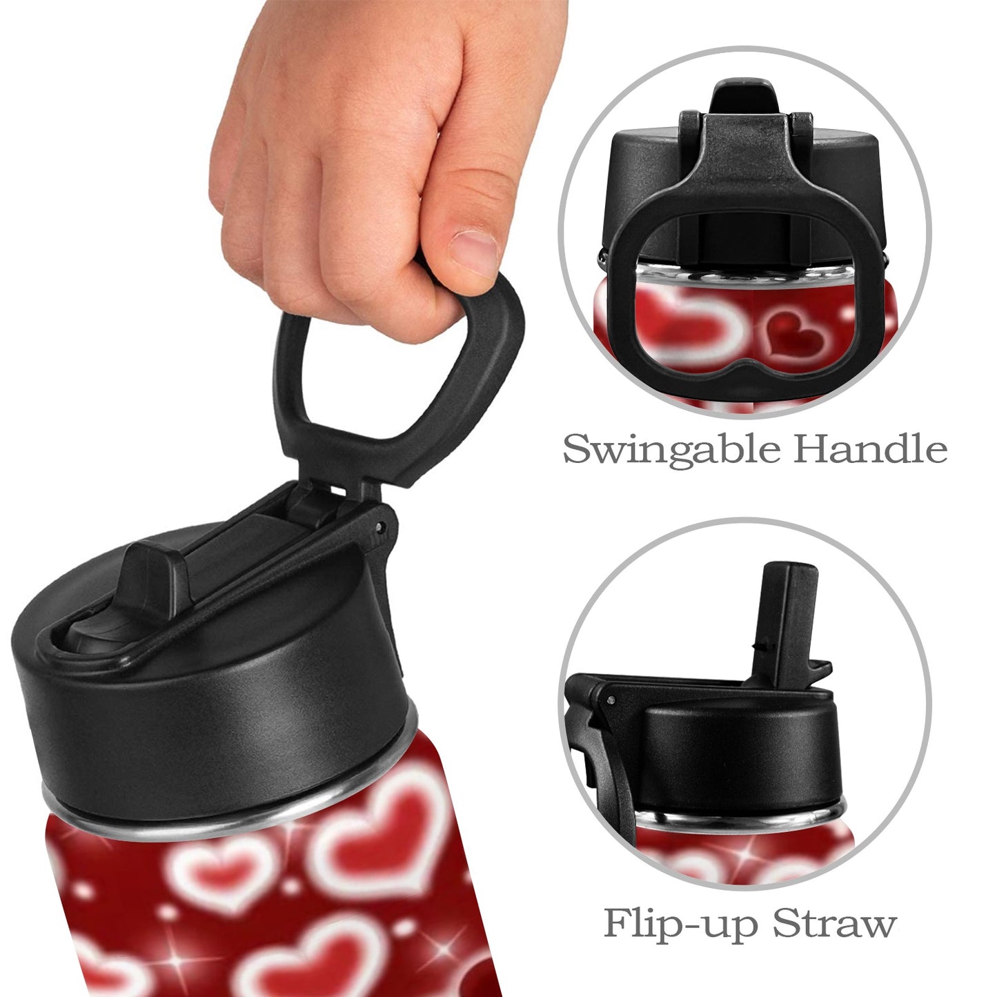 Red Valentines Day Kids Water Bottle with Straw Lid (12 oz)