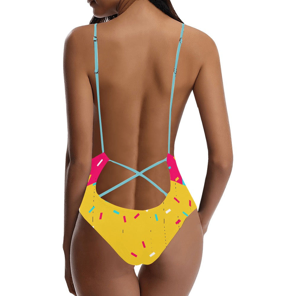 Yellow party Sexy Lace Backless One-Piece Swimsuit