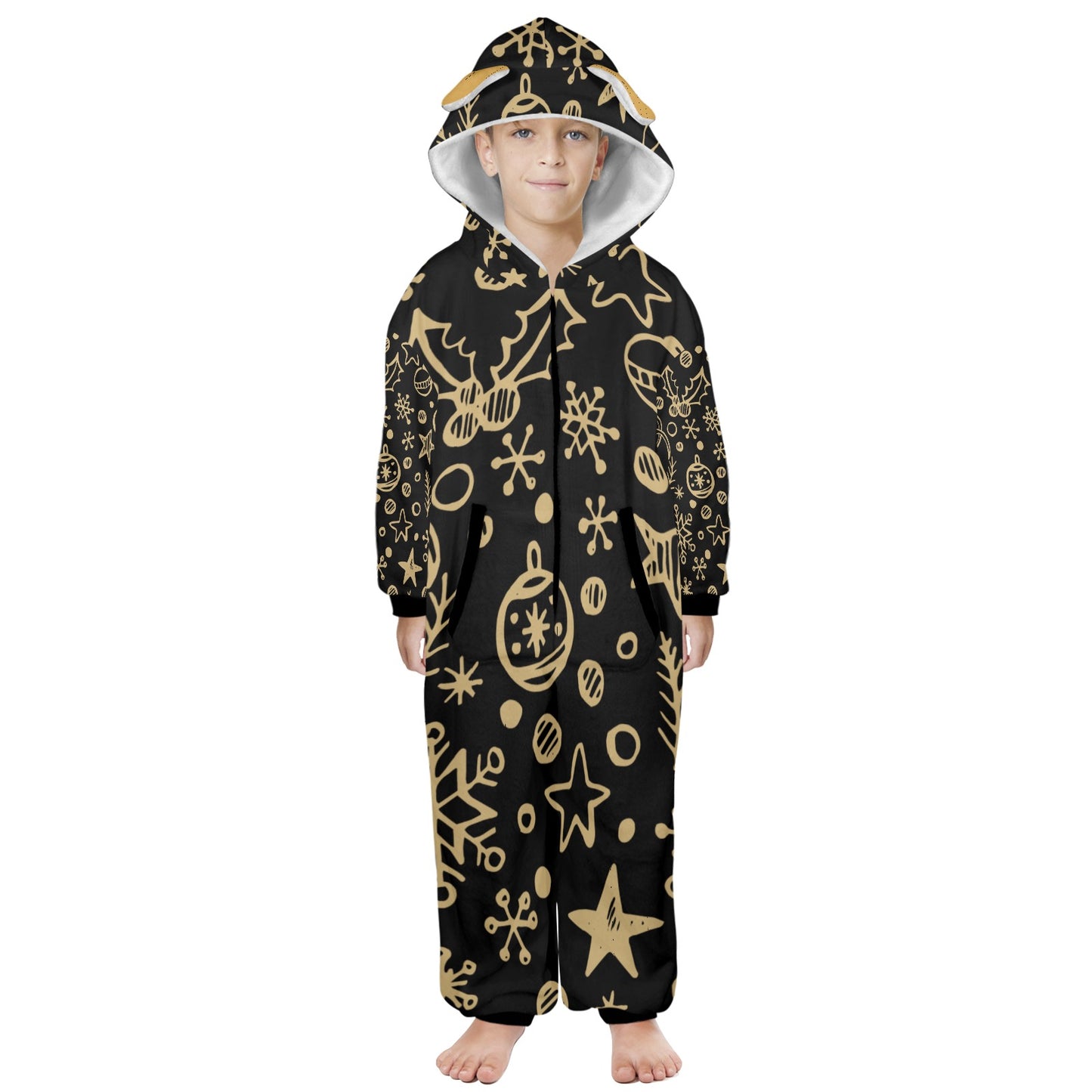 Gold Ornament Christmas One-Piece Zip Up Hooded Pajamas for Big Kids