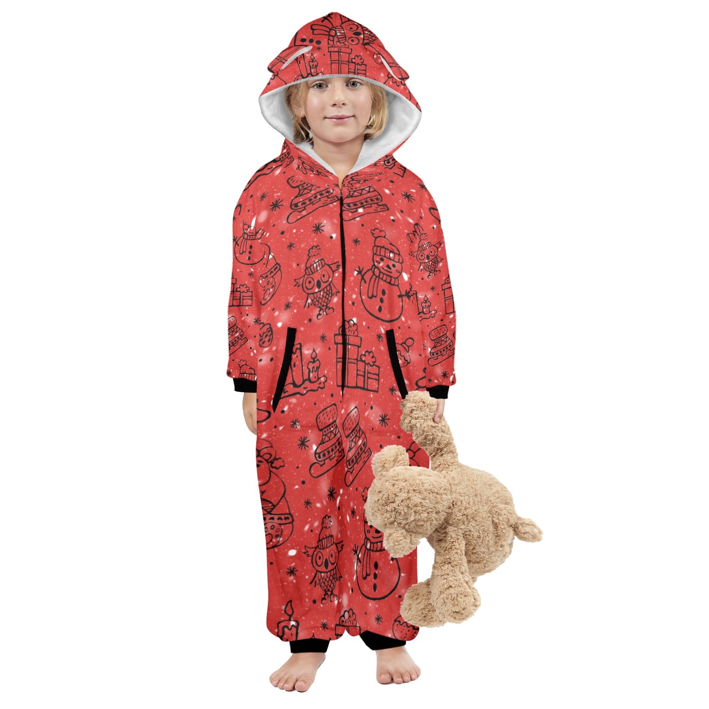 Red Christmas One-Piece Zip up Hooded Pajamas for Little Kids