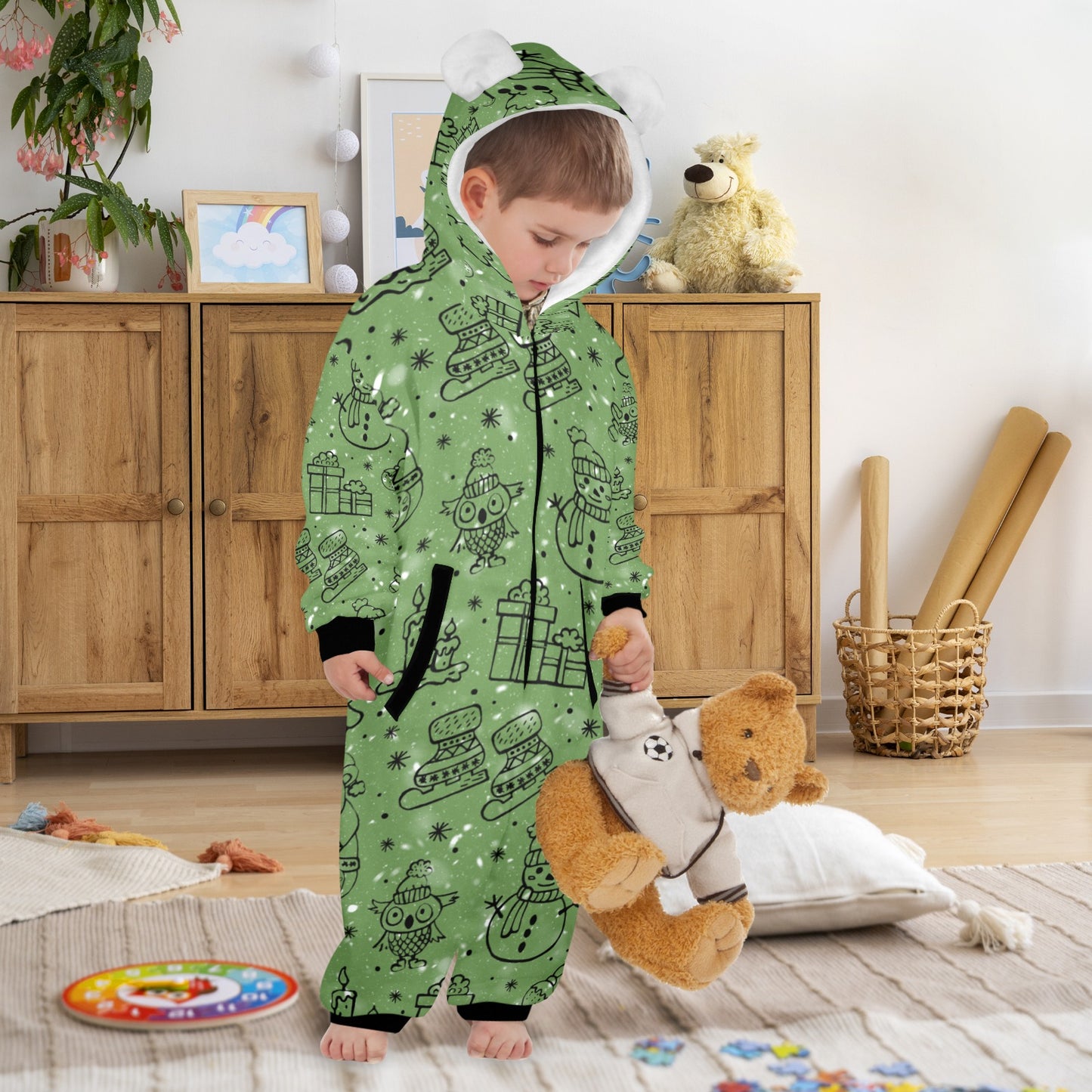 Green Christmas One-Piece Zip up Hooded Pajamas for Little Kids