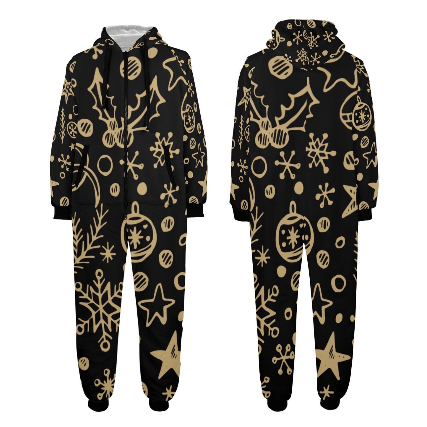 Gold Ornament Christmas Unisex One-Piece Zip Up Hooded Pajamas