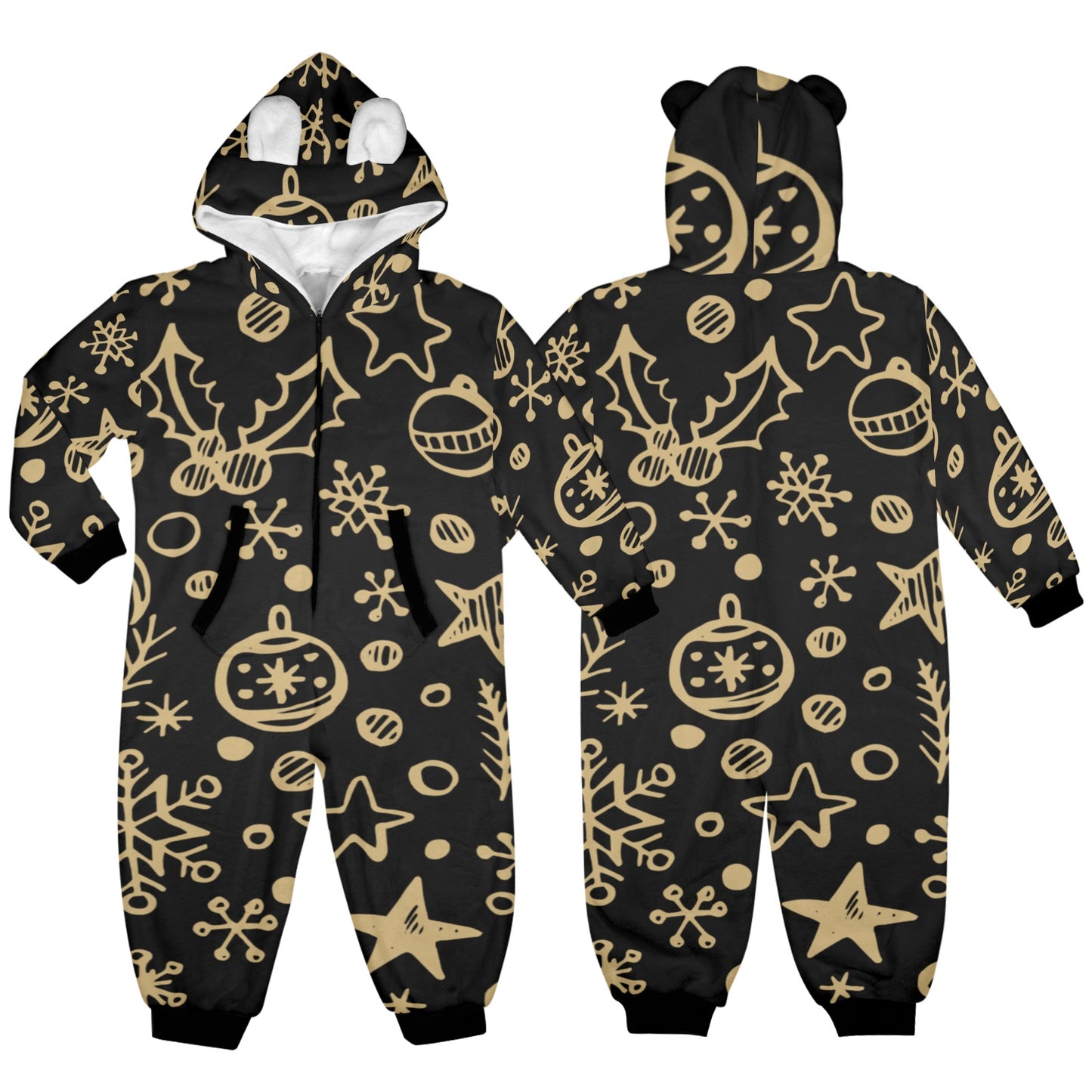 Gold Ornament Christmas One-Piece Zip up Hooded Pajamas for Little Kids