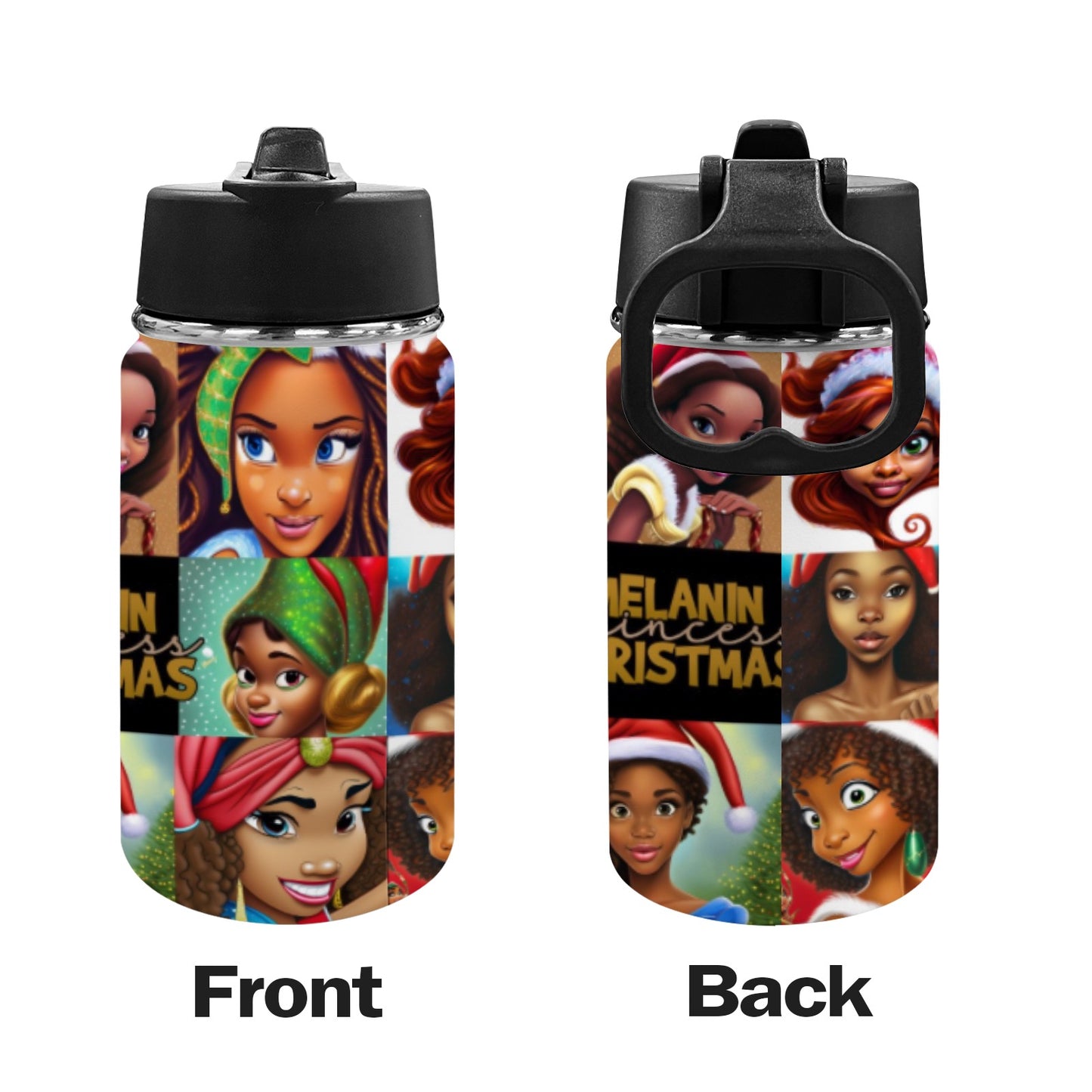 Melanin Christmas Kids Water Bottle with Straw Lid (12 oz)