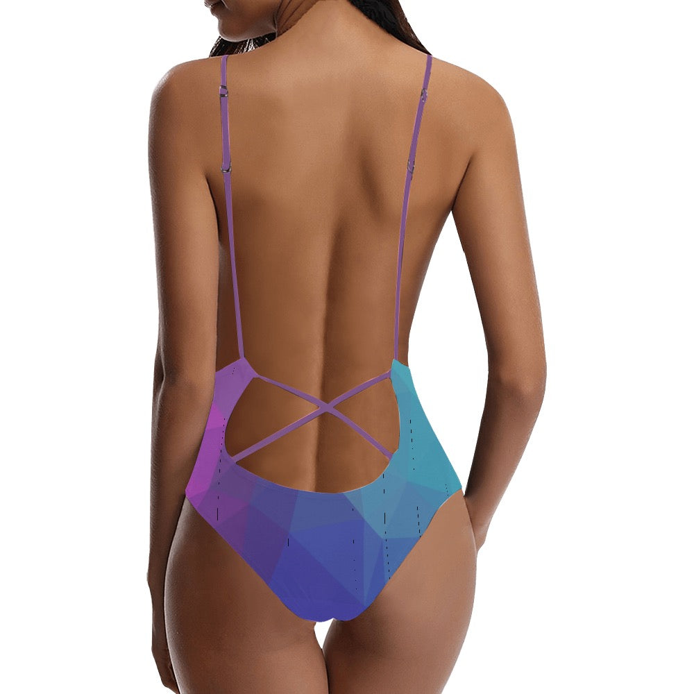 Blue Purple Sexy Lace Backless One-Piece Swimsuit