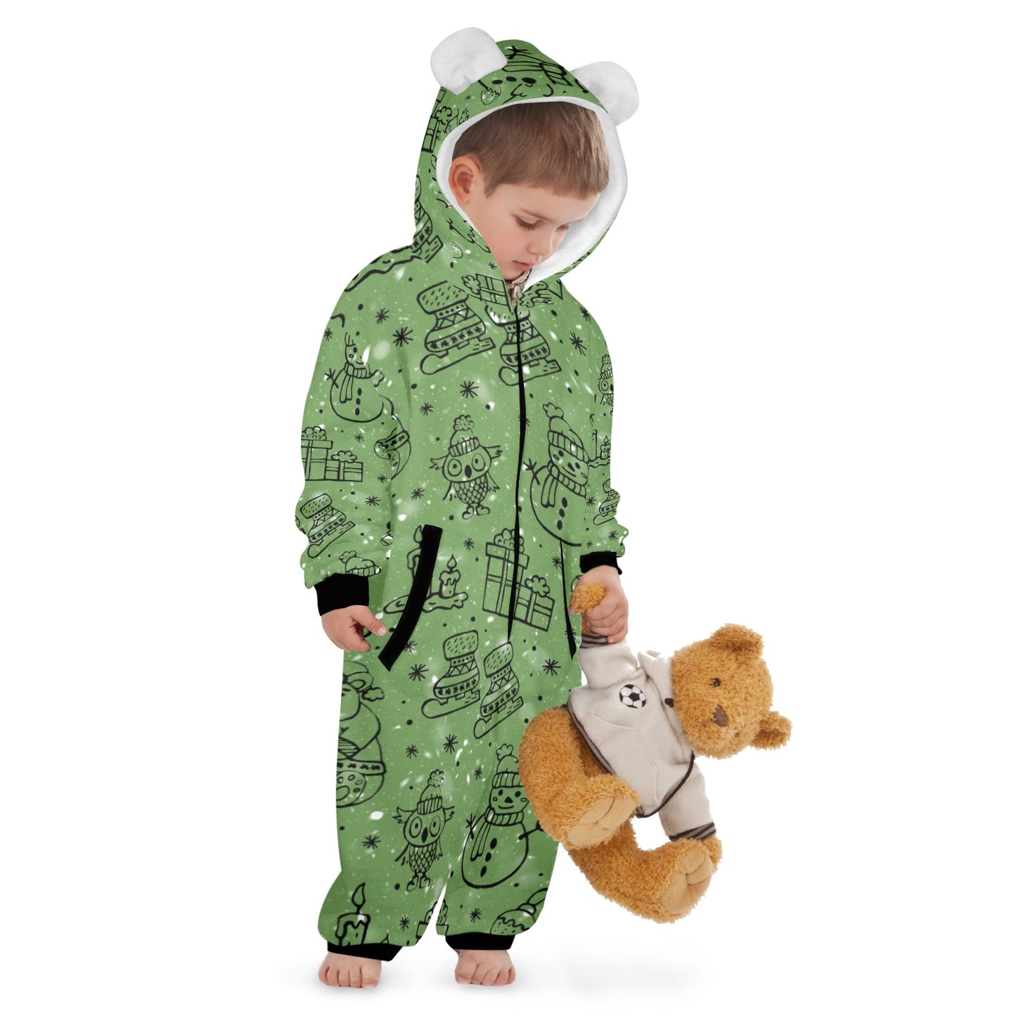 Green Christmas One-Piece Zip up Hooded Pajamas for Little Kids