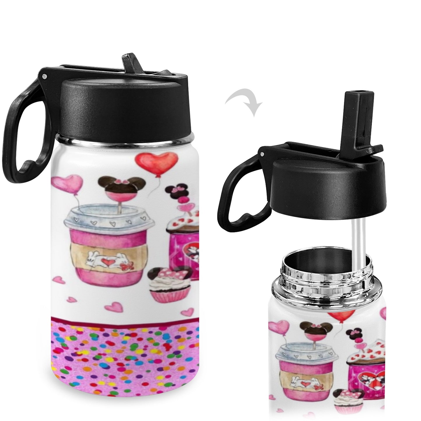 Mickey & Minnie Valentines Kids Water Bottle with Straw Lid (12 oz)