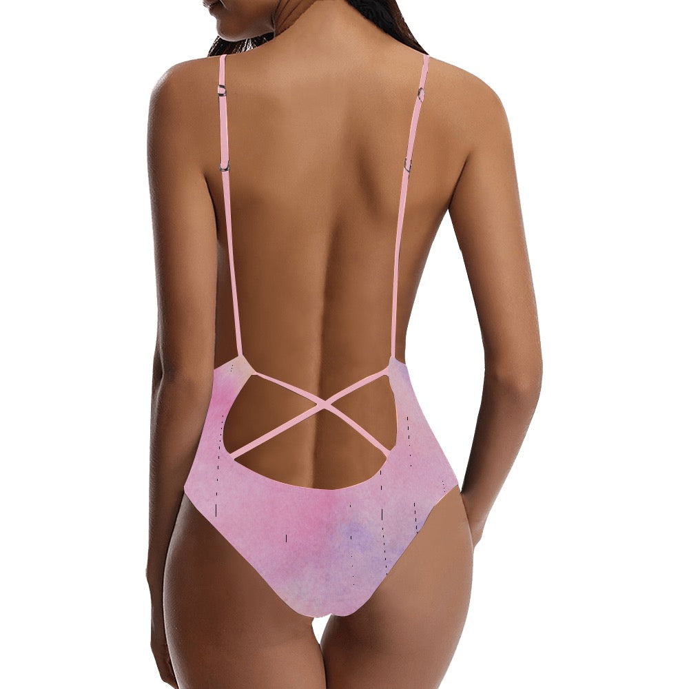 Pink-ish Sexy Lace Backless One-Piece Swimsuit