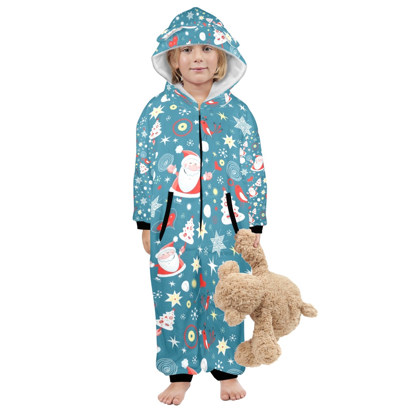 Merry Christmas One-Piece Zip up Hooded Pajamas for Little Kids