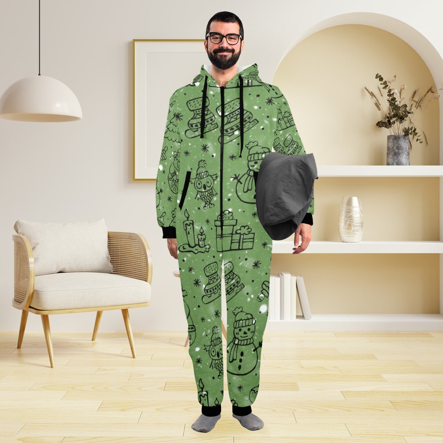 Green Christmas Unisex One-Piece Zip Up Hooded Pajamas