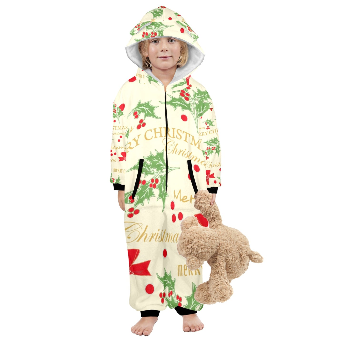 Merry Christmas One-Piece Zip up Hooded Pajamas for Little Kids