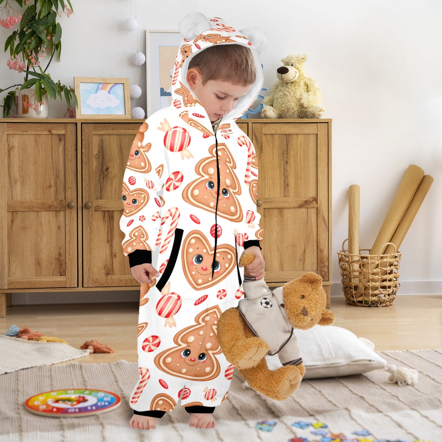 Ginger Christmas One-Piece Zip up Hooded Pajamas for Little Kids